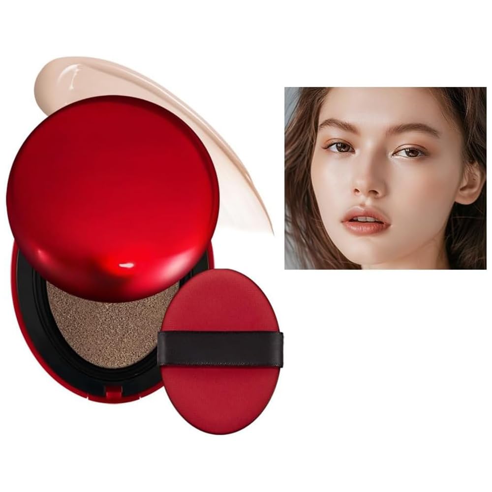 Cushion Foundation, Semi-Matte Finish 72-Hour Foundation Full Coverage Sun Protection, Waterproof, Clear Makeup Red+Shell+Air Focuses on Keeping The Coverage Great,18g