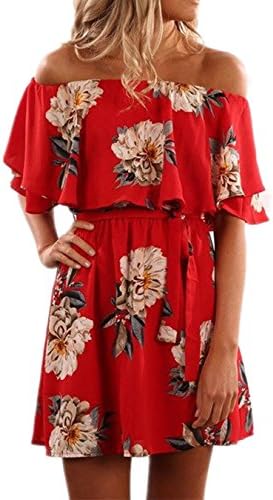 Kbook Women's Cute Floral Off Shoulder Ruffle Sleeve Boho Vacation Mini Dress with Belt