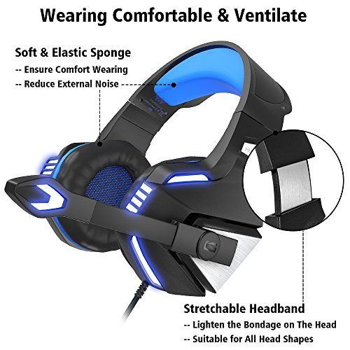 VersionTech Stereo Gaming Headset for PS4 Xbox One, Over Ear Headphones with Noise Isolating Mic, LED Light, Volume Control for Laptop, PC, Tablet, iMac, PSP, Mobile Phone -Blue