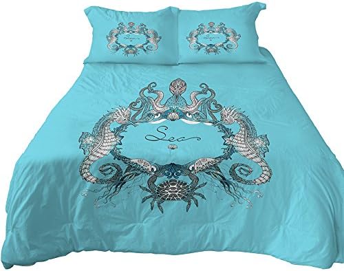 Anoleu Medium Turquoise Sea Life Bedding Octopus Sea Horse Cab Duvet Cover Set Reversible Sea Fishes Design (Twin)