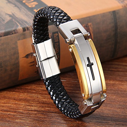 Cupimatch Men's Solid Stainless Steel Braided Religious Cross Leather Bracelet, 8.5â€