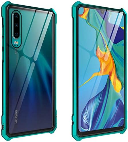 Huawei P30 Case, CHIHENG Ultra Thin [Buckle Structure] Magnetic Aluminum Metal Frame + Transparent Tempered Glass Back Cover Full Body Protective Case for Huawei P30 6.1" Green