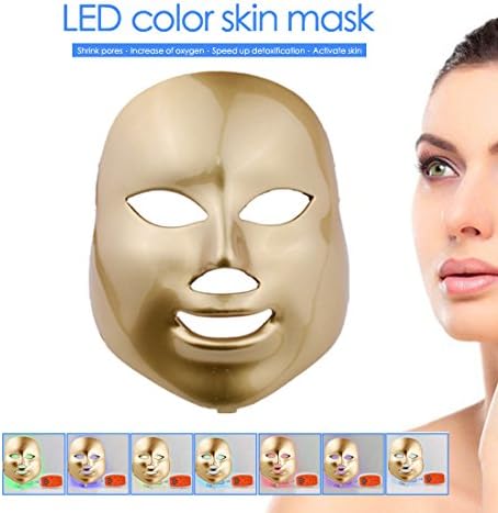 3D Phototherapy Color LED Mask Instrument Cold Light LED electronic Mask Instrument Professional Beauty Rejuvenation Instrument Therapy Facial Skin Care Mask Device (7 color, Gold)