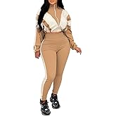 Akmipoem Womens 2 Piece Outfits Color block Tracksuit Zip Up Cropped Jacket and High Waist Leggings Set