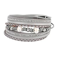 Emibele Layered Leather Bracelet, Bohemian Style Multilayer Wrap Bracelet with Pearl Diamond for Women Ladies Adult - Gray