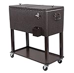 UPHA 80 Quart Rolling Ice Chest Portable Patio Party Bar Drink Entertaining Outdoor Cooler Cart on Wheels with Shelf,Brown Wicker Pattern