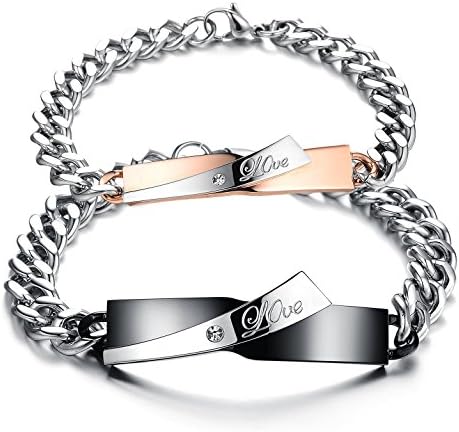His Hers Stainless Steel Couple Matching Bracelet Link Wrist Valentine Engagement Promise Gift (A Set)