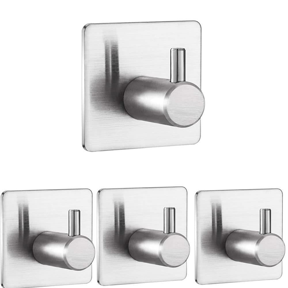 ZHhan 4 Packs Hooks Heavy Duty Wall Hooks Self Adhesive Waterproof Stainless Steel Hooks for Hanging Coat, Hat,Towel Robe Hook Rack Wall Mount Bathroom and Bedroom Silver