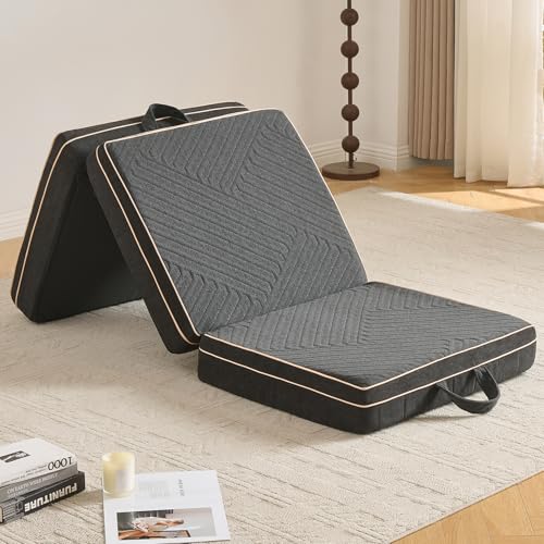 OIGAE Colchón Plegable 75x195x15cm, Colchoneta Plegable de Espuma Viscoelástica en Tres Partes, con Espuma de Tres Capas, para Hogar, Viajes y Acampada, Funda Lavable, Asas, Base Antideslizante, Gris