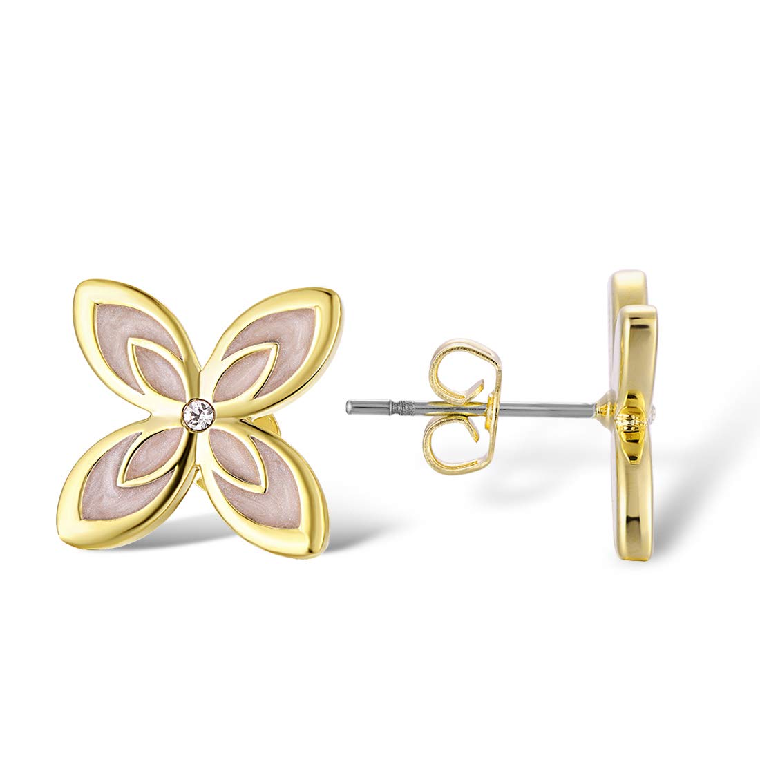 Santuzza Clover Stud Earrings Yellow Gold Plating Cubic Zirconia Earrings Brass Hypoallergenic Stud Earrings Enamel Ear Accessories for Women Girls(Pink)