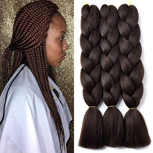 YAYAFAIRY 5pc Jumbo Kanekalon Braiding Hair Extensions for Box Twist Braid Hair Dark Brown 24 Inch Long Ombre Braiding Hair