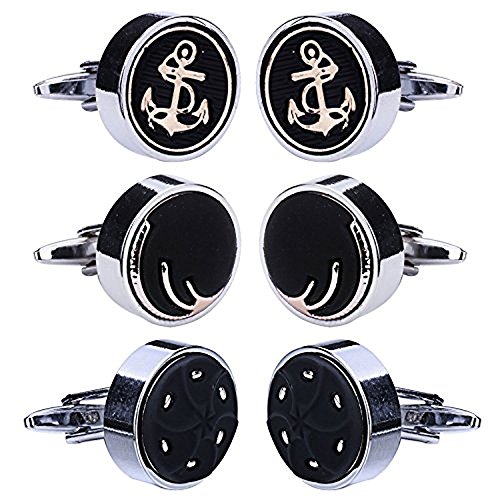 BodyJ4You 6PCS Cufflinks Button Shirt Men Black Dome Silvertone Round Circle Jewelry Set Gift Box