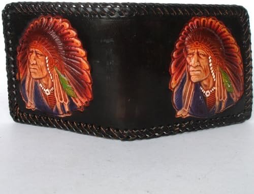 (BEST SELLER) RED INDIAN Biker / Trucker Cowhide Leather Bifold Men's Wallet with Stitch Edge /Black