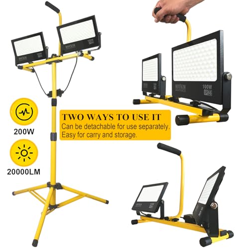 BOYKIM LED Work Light with Stand,200W 20000Lumens Portable Outdoor Flood Lights with 16ft Long Power Cord,IP66 Waterproof Adjustable Height for Construction Garage Workshop Jobsite