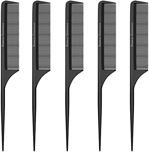 Styling Comb (5 Pack) Professional 8.8” Black Carbon Fiber Anti Static Chemical And Heat Resistant Tail Comb For All Hair Types | Fine and Wide Tooth Teasing Comb | Men and Women | Bardeau Essentials