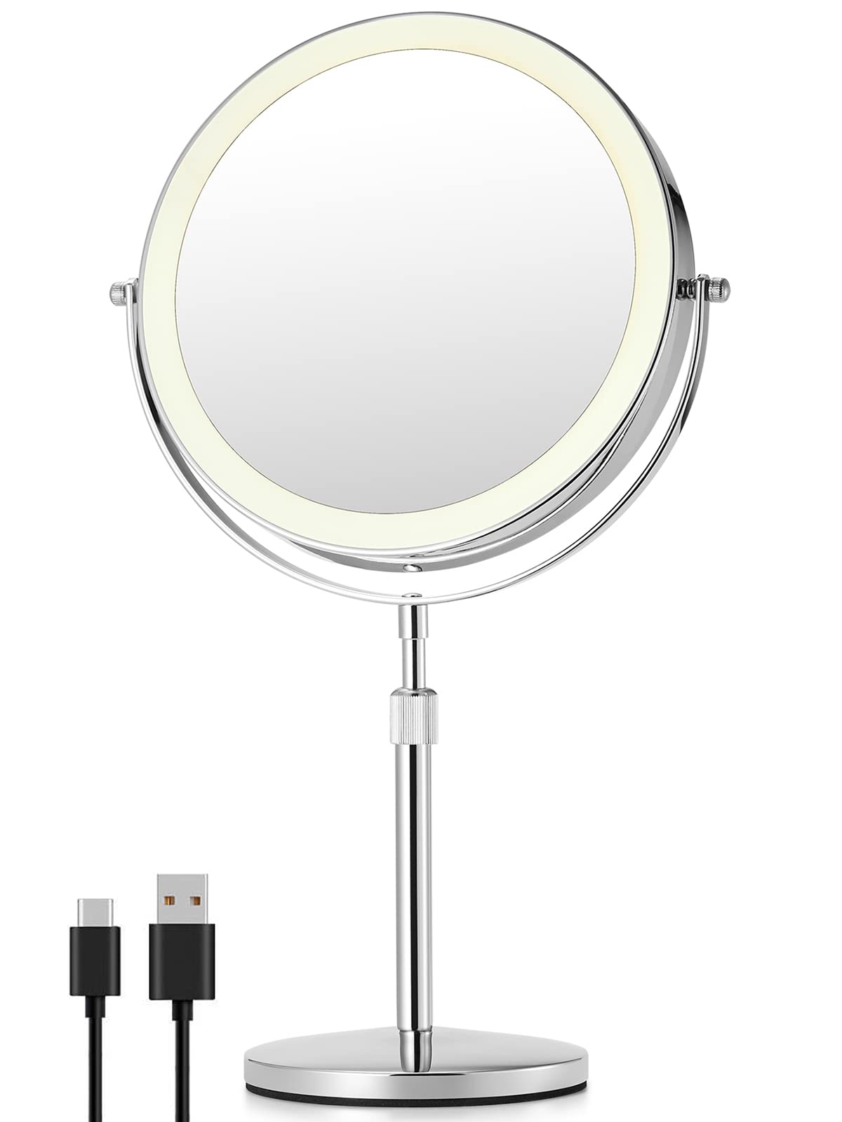 OMIRO 3X/10X Magnifying Makeup Mirror with Light, 8.5 Inches Double Sided Swivel-Free Vanity Mirror with height-adjustable stand (Silver) — image 1