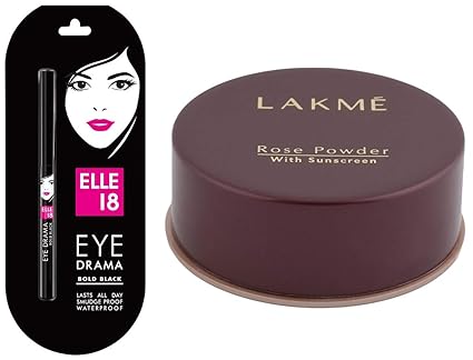 Elle 18 Eye Drama Kajal, Bold Black, 0.35g & Lakme Rose Face Powder, Warm Pink, 40g
