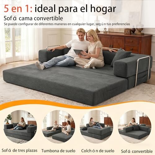 200cm Sofá Cama 3 Plazas con Espuma y Muelles para Salón,Gris