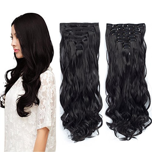 Liyate 20 Inch Long Curly Full Head Clips in Hair Extensions 7 Pieces 16 Clips 140g for Women Synthetic Hair Wavy (natural black)