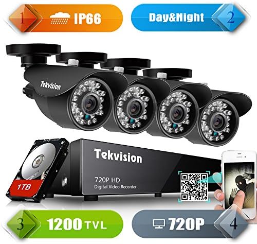 Tekvision H.264 AHD 8CH 1200TVL 720P HD DVR Security Surveillance Camera System Kit, IP66 Waterproof Day/Night IR-Cut with 4 Pack 720P NTSC CCTV Metal Bullet Cameras, 1TB HDD Drive Included