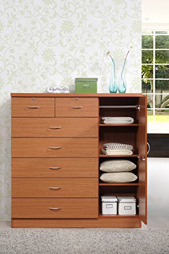 Hodedah 7 Drawer Jumbo Chest, Five Large Drawers, Two Smaller Drawers with Two Lock, Hanging Rod, and Three Shelves, Cherry