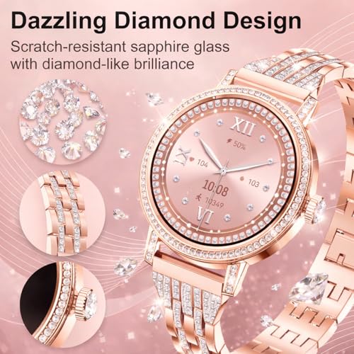 Fitoncloud Smart Watch for Women with Diamonds (Answer/Make Calls), 1.27" Display with Heart Rate/SpO2/Sleep Monitor, IP68 Waterproof Fitness Watch for Android & iPhone, 3 Bands, Rose Gold