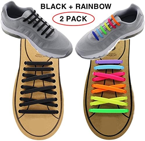 Extra No Tie Shoelaces for Men and Women - Best in Sports Fan – Waterproof Silicon Flat Elastic Athletic Running Shoe Laces with Multicolor for Sneaker Boot Board Shoes and Casual (Black + Rainbow)