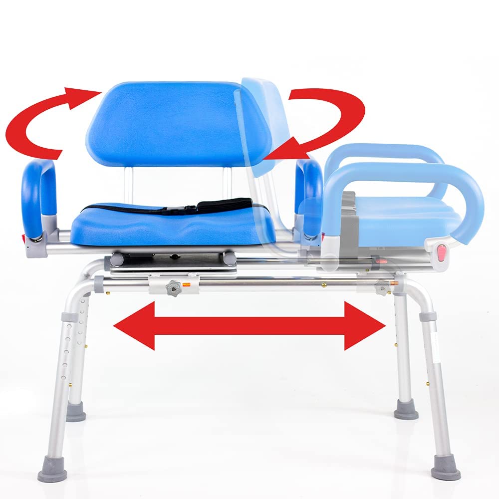 Carousel Sliding Shower Chair Transfer Bench with Swivel Seat, Premium Padded Bath, with Pivoting Arms, Adjustable Space Saving Design for Tubs, Shower, for Handicap & Seniors, Blue