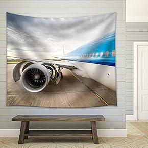Airplane on The Airport. Checking Condition of Huge Engine - Fabric Wall Tapestry Home Decor - 51x60 inches