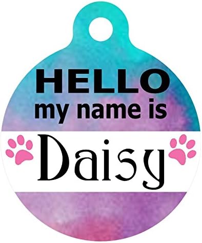 Personalized Round Pet ID Tag-In Purple &amp; Blue Watercolor | Custom Pet ID Tag | Dog Collar Name Tag | Double Sided | HELLO my name is