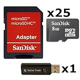 25 PACK - SanDisk 8GB MicroSD HC Memory Card SDSDQAB-008G (Bulk Packaging) LOT OF 25 with SD Adapter and SoCal Trade USB 2.0 MicoSD & SD Memory Card Reader