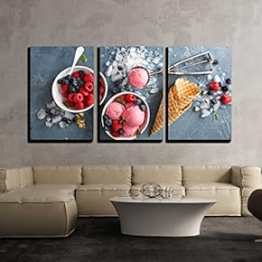Raspberry Ice Cream in White Bowl Overhead Shot x3 Panels