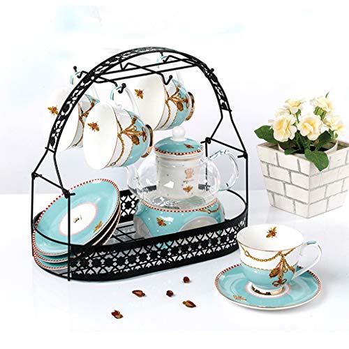 Mug Rack Tabletop Tea Cup Hook Basket Iron Coffee Cup Holder Storage European Style Tea Mug and Saucer Display Rack Kitchen Stand Organizer Drinkware Rack
