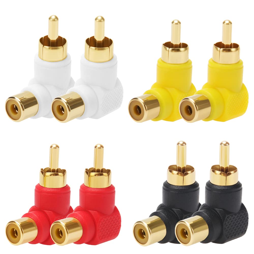 KUOQIY 8 PCS Gold-Plated Right Angle Adapter, Right Angle RCA Male to Female Adapter, for Stereo Audio Connection (2 Red + 2 Black + 2 White + 2 Yellow) — image 1