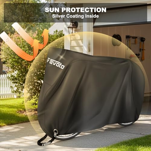 Favoto Bike Cover Outdoor Waterproof Bicycle Cover Thicken Oxford Windproof UV Sun Snow Dustproof with Lock Hole Storage Bag for Mountain Road City Bike Beach Cruiser Sport Bike | 420D Heavy Duty Bike Cover Rain Sun UV Dust Wind Proof with Storage Bag Bike Tarp for EBike Mountain Road City Bike, Black
