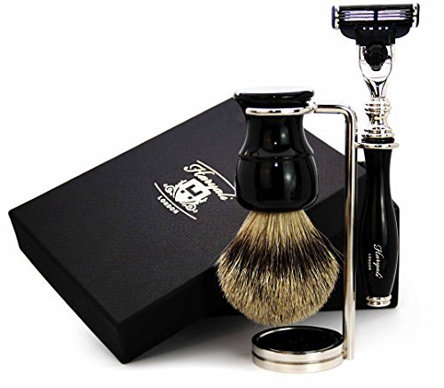 Haryali London Mens Shaving Kit, 3 Edge Razor with Silver Tip Badger Hair Shaving Brush and Stainless Steel Stand Grooming Kit for Men