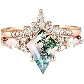 Yarrzhen Moss Agate Gemstone Women's Irregular Zirconia and Diamonds 2-Piece Ring Set 925 Sterling Silver Ring for Women Kite Cut Women's Ring Set for Engagement Silver Jewelry（ 7Rose Gold）