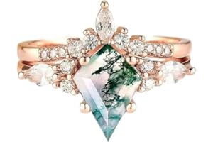 Yarrzhen Moss Agate Gemstone Women's Irregular Zirconia and Diamonds 2-Piece Ring Set 925 Sterling Silver Ring for Women Kite Cut Women's Ring Set for Engagement Silver Jewelry（ 10Rose Gold）