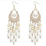 Voberry Women's Bohemian Classical Fringed Long Section Of Big Beads Pendant Drop Tassels Hook Dangle Earrings (White)