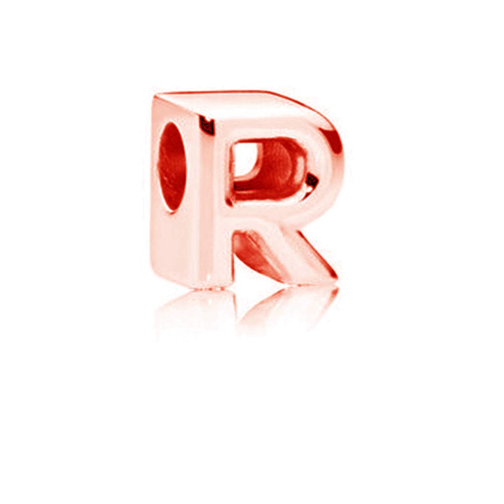 925 Sterling Silver Rose Gold Beads Alphabet Charms Letter Initial R Charm Anniversary Charm Words Charm fits Pandora Charms Bracelet (R)