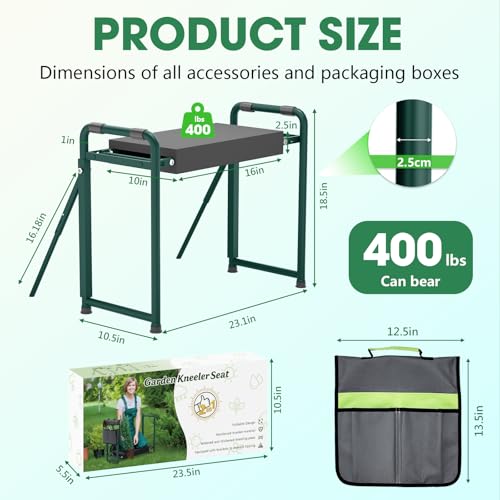 Onadak Premium Heavy Duty Garden Kneeler Seat - 4.5kg Reinforced Support Frame, Foldable Design with Storage Bag & Gift Box - Ideal Gardening Gift (Upgraded Green)​