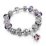 Long Way Purple And Pink Glass Flower Bead Silver Tone Chain Love Heart Charm Bracelet 7.5
