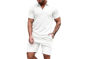 JMIERR Men's Polo Shirt and Shorts Set Soild Color Geometric Texture Casual Short Sleeve 2 Piece Outfits Sweatsuits Summer