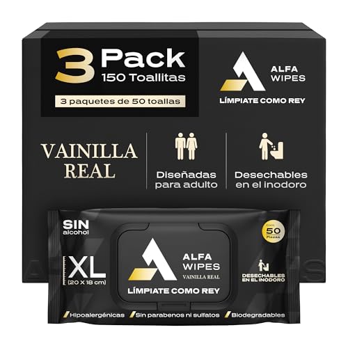 Alfa Wipes Toallitas Humedas para Adulto Extra Grandes y Gruesas, Desechables en Inodoro, Vainilla Real, Hipoalergénicas, con Aloe, Vitamina E, Manzanilla | 3 paquetes con 50 toallitas c/u (150 Toallitas)