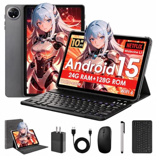 Android 15 Tablet, 10 Inch Tablet with 24GB RAM 128GB ROM, Octa-Core T7250 Processor, 1280x800 HD IPS, Widevine L1, GPS, Keyboard Mouse Stylus Included, 2-Year Warranty (Gray)
