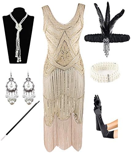 1920s Gatsby Sequin Fringed Paisley Flapper Dress with 20s Accessories Set