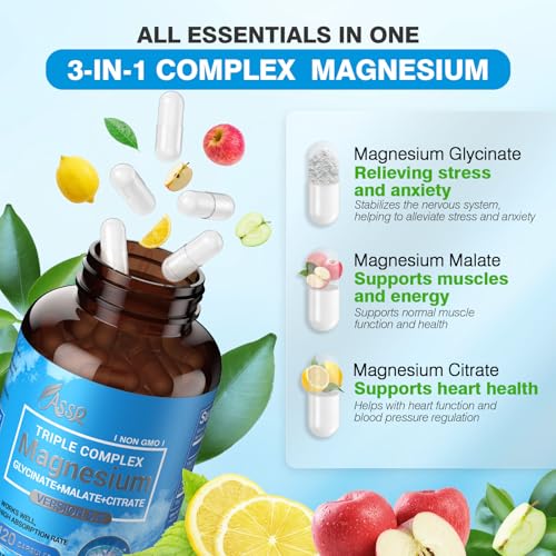 ASSR Triple Magnesium Complex – 300mg Magnesium Supplement with Glycinate, Malate & Citrate – Supports Relaxation, Muscle & Nerve Function – High Absorption, Vegan, Non-GMO, 120 Capsules
