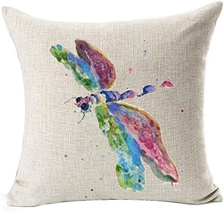 Nordic Fashion Watercolor Ink Painting Lovely Animals Adorable Spring Colorful Dragonfly Cotton Linen Throw Pillow Covers Cushion Cover Decorative Sofa Bedroom Square 18 Inches