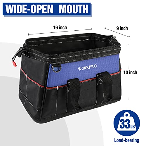 WORKPRO 16-inch Wide Mouth Tool Bag for Men, Heavy Duty Cloth Tool Storage Bag with Water Proof Molded Base, Adjustable Shoulder Strap