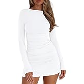 LAGSHIAN Women's Sexy Long Sleeve Crew Neck Bodycon Ruched Mini Club Party Dress